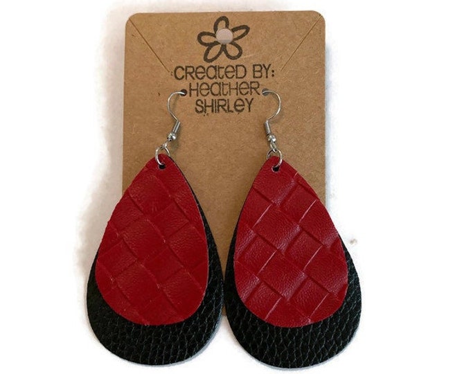 Red and Black Teardrop Faux Leather Earrings, Football Earrings, Tailgate Parties Events, Teacher Gifts, Summer Earrings Team, Sports