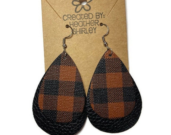Black and Brown Buffalo Plaid Faux Leather Earrings, Fall Earrings, Holiday Earrings, Holiday Gifts, Plaid Earrings, Layered Earrings,