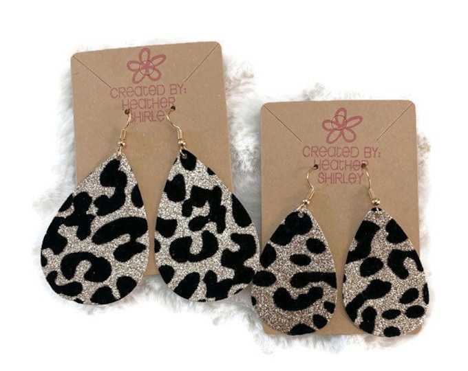 Limited Stock! Glitter Black and Gold Leopard Print, Faux Leather Earrings