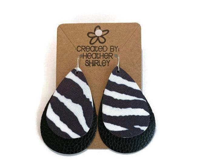 Zebra Print with Black Layer Faux Leather Earrings, Summer Earrings, Black and White, Layered Earrings, Animal Print, Gifts, Jewelry Stripes
