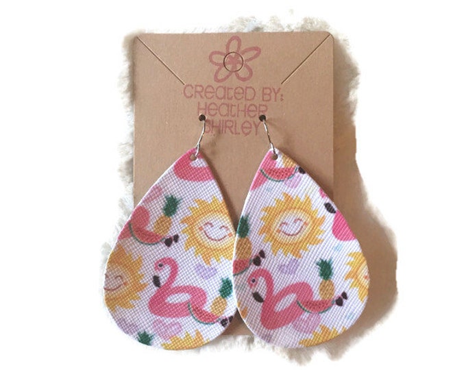 Sunshine, Flamingo Floats, Pineapple and Sunglasses, Faux Leather Teardrop Earrings, Beach Tropical, Novelty Gifts, Pool, Summer, Birthday