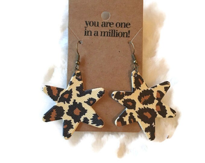 Animal Print, Star Shaped, Faux Leather Earrings, Lightweight, Celestial Star, Cheetah Leopard Print, Summer Earrings, Accessories, July 4th