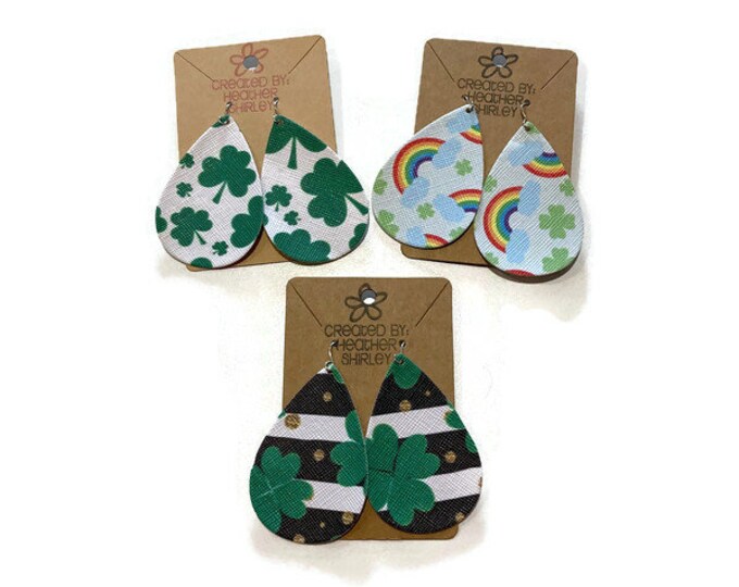 St. Patrick’s Day Faux Leather Earrings, Clovers, Rainbows, Leprechauns, Green, St. Patty Day Parties, Events, Gifts, Wear Green, Luck