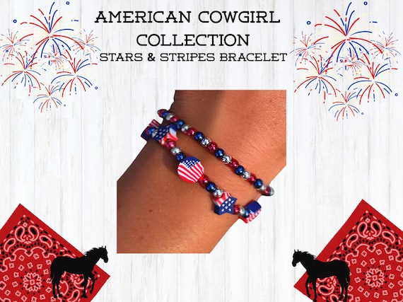 Set of Two Red White and Blue Beaded Stretch Bracelet, Stars and Stripes