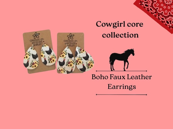 Boho Chicken Sunflower Faux Leather Earrings, Western Style Lightweight Jewelry