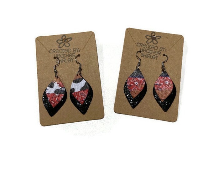 Cow Print, Red Bandanna with Glitter Layer Faux Leather Earrings, Small Earrings, Farm Rodeo Earrings, Cow Print Birthday, Teacher Gifts