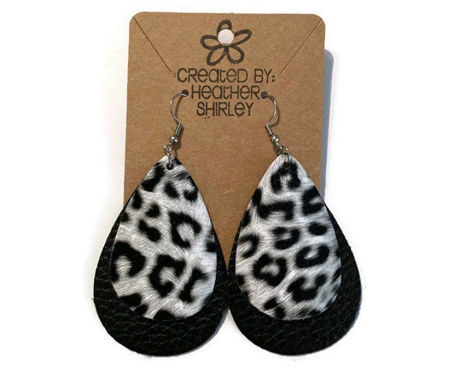 Gray and Black Leopard Print Layered Faux Leather Earrings, Fall Earrings, Gray Leopard, Gray Black White, Fall Gifts, Birthdays, Gifts
