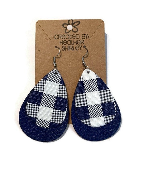 Blue and White Plaid Faux Leather Earrings, Layered, Football, Summer Earrings, Tailgate Events, School Events, Blue and White, Gifts, Fall