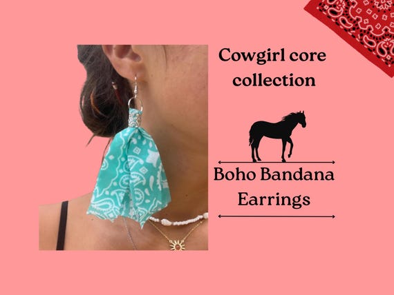 Boho Bandana Earrings, Turquoise Western Cowgirl Jewelry, Festival Accessory