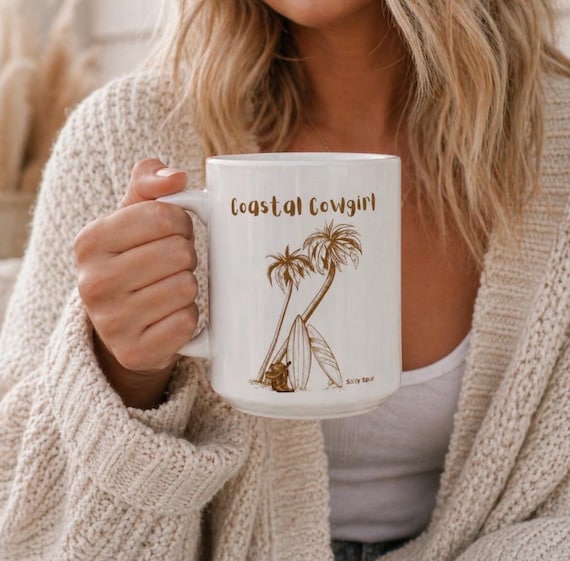 Coastal Palm Tree Illustration Mug | Ceramic Coffee Cup (11oz, 15oz), Coastal Cowgirl, Western Beach, Salty Spyr, Gifts, Coffee Mug Tea Mug