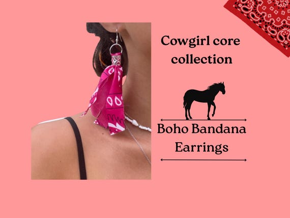 Boho Pink Bandana Earrings, Western Cowgirl Festival Jewelry