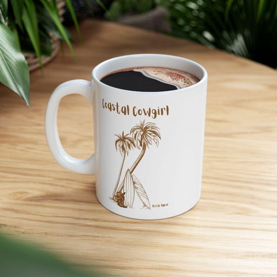 Coastal Palm Tree Illustration Mug | Ceramic Coffee Cup (11oz, 15oz), Coastal Cowgirl, Western Beach, Salty Spyr, Gifts, Coffee Mug Tea Mug