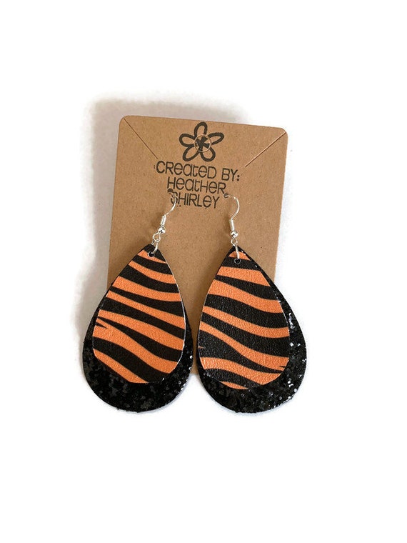 Tiger Stripe Faux Leather Earrings, Black Glitter Layer, Game Day Tailgate Jewelry, Summer