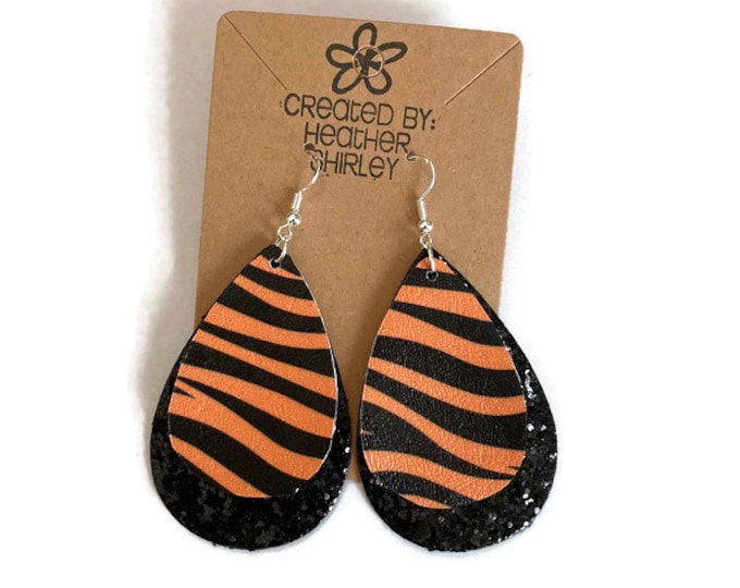 Tiger Stripe Faux Leather with Black Glitter Layer, Fall, Game Day Earrings, Tiger Earrings, Tailgate Earrings, Black and Orange, Gifts,