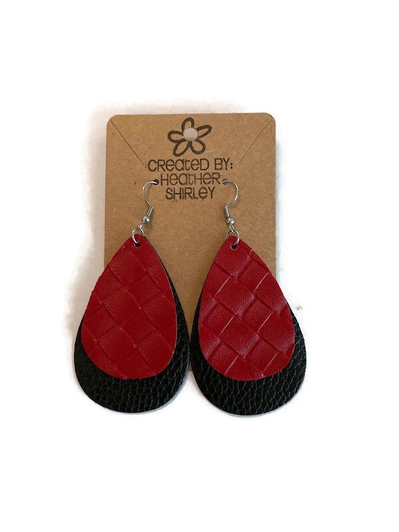Red and Black Teardrop Faux Leather Earrings, Football Earrings, Tailgate Parties Events, Teacher Gifts, Summer Earrings Team, Sports, Fall
