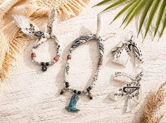 Coastal Cowgirl, Bandana Jewelry Set, Necklace, Bracelet, Earrings, Western Rodeo, Boho, Beach
