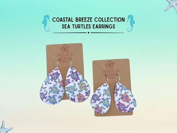 Sea Turtle Faux Leather Earrings, Pastel Tropical Beach Jewelry