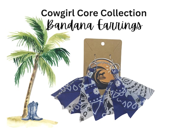 Coastal Cowgirl Boho Western Bandana Earrings, Blue and White, Summer Concerts, Festivals and Games, Gifts