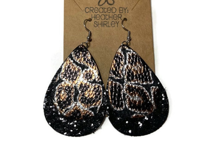 Metallic Leopard Print with Black Glitter Layer Faux Leather Earrings, Dark Leopard Print, Summer Earrings, Birthday Gifts, Shimmer, Party