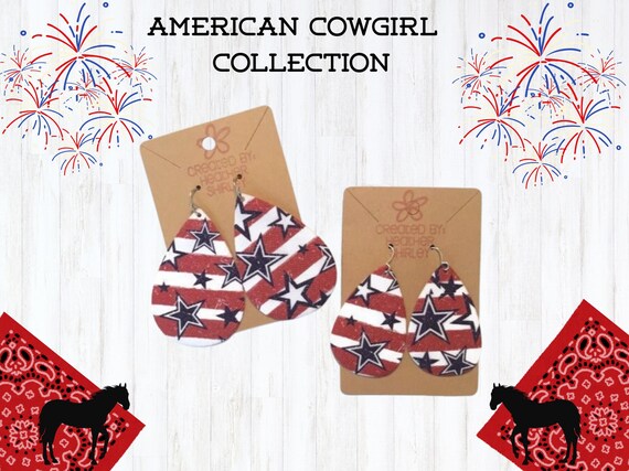 Stars and Stripes Faux Leather Teardrop Earrings, Red White Blue Handmade Jewelry