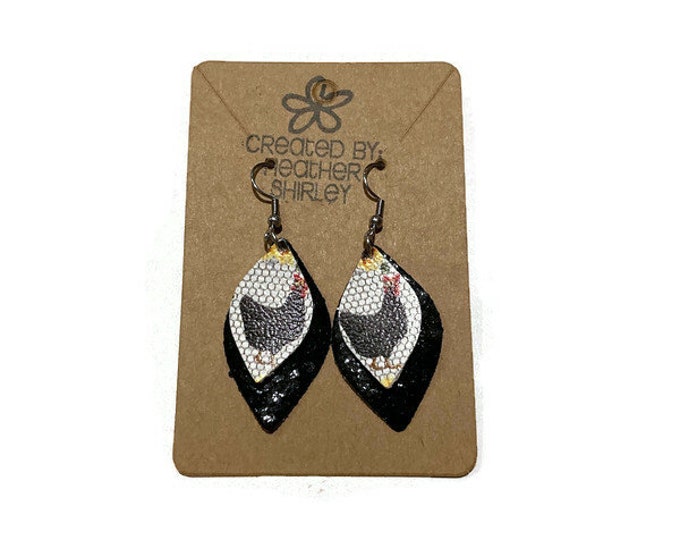 Chicken Earrings with Black Glitter Layer Faux Leather Small Earrings, Chicken Lovers, Chicken Gifts, Birthday Parties, Farm Style, Barns