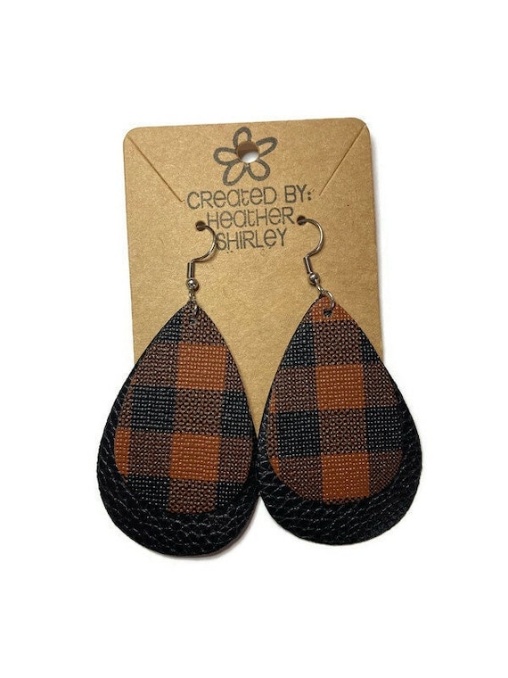 Black and Brown Buffalo Plaid Faux Leather Earrings, Fall Earrings, Holiday Earrings, Holiday Gifts, Plaid Earrings, Layered Earrings,