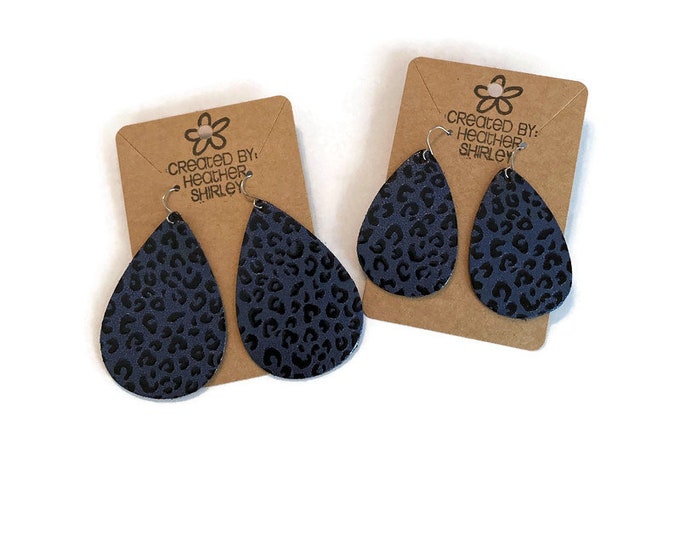 Dark Blue and Black Leopard Print Faux Leather Teardrop Earrings, Summer Earrings, Animal Print, Cheetah Print, Blue Leopard, Gifts,