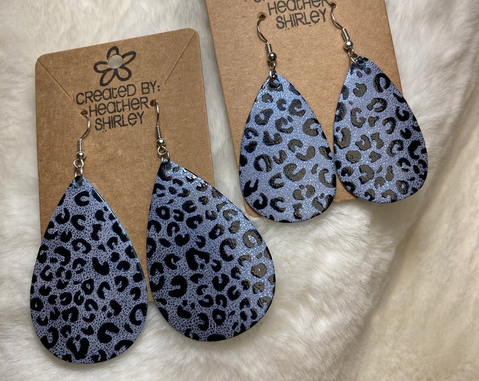 Blue Cheetah Print Faux Leather Earrings