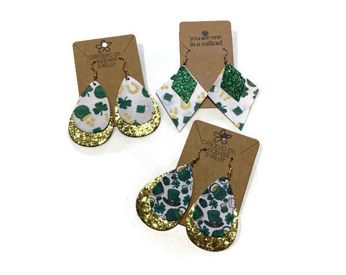St. Patrick’s Day Faux Leather Earrings, Glitter Layers, Pot of Gold, Horseshoes, Green Clovers, Leprechaun Hat, St. Patty Parties Gifts