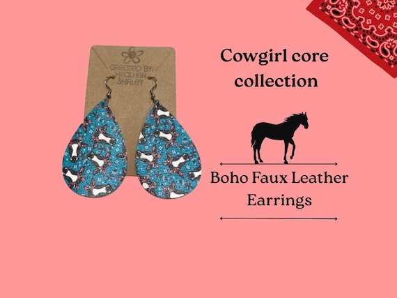 Cow, Bandana, Turquoise Marine Vinyl Faux Leather Earrings, Cow Earrings, Wester Rodeo Farm Style Earrings, Summer, Birthday Gifts, Party