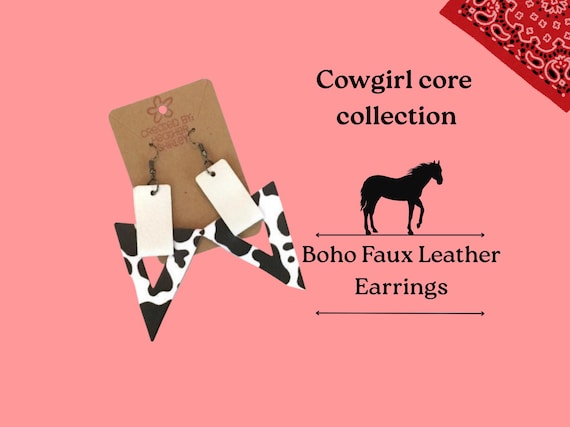 Black White Cow Print Triangle Faux Leather Earrings, Boho Farm Style
