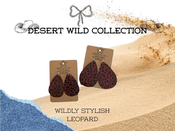 Metallic Red Black Leopard Print Faux Leather Earrings, Lightweight, Western Cowgirl, Desert Wild Collection