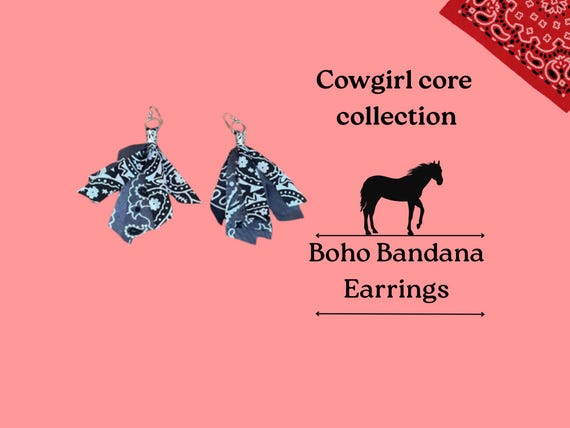 Boho Bandana Earrings, Western Cowgirl Jewelry, Festival Accessories, Black Grey