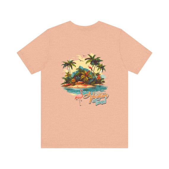 Tropical Island Sunset Tee | Flamingo Beach Graphic T-Shirt, Summer Vacation Tee, Beach Tee. Comfy