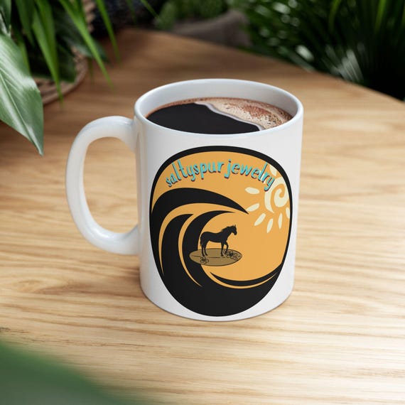 Western Coastal Cowgirl, Coffee Cup, Teacup Fun Mugs, Horse Surfboard Ocean Wave Logo Mug, Salty Spur Jewelry, Gifts