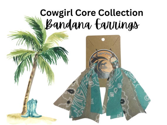 Coastal Cowgirl, Boho Western Bandana Earrings, Turquoise and Tan, Summer Concerts and Festival Accessory