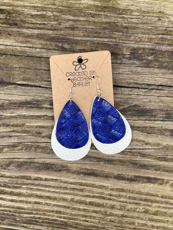 Blue and White Layered Faux Leather Earrings, Game Day Earrings, Fall Earrings, Football Earrings, Teacher Gifts, School Colors, Sports