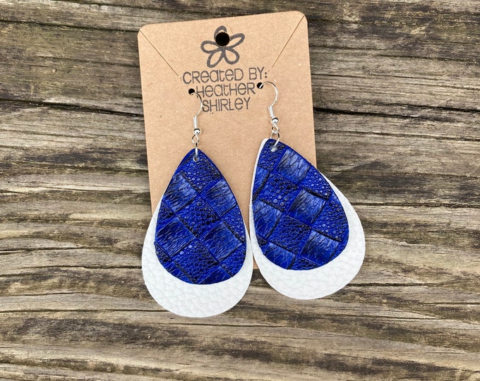 Blue and White Layered Faux Leather Earrings, Game Day Earrings, Fall Earrings, Football Earrings, Teacher Gifts, School Colors, Summer