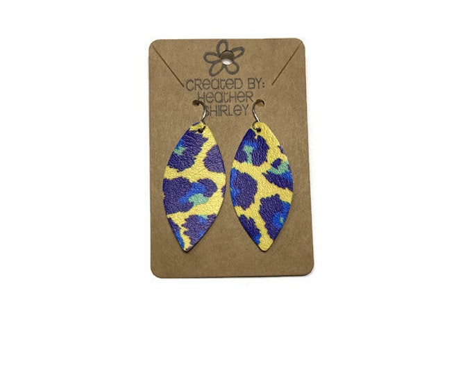 Double Sided Blue and Yellow Leopard Cheetah Print Small Faux Leather Earrings, Fall Earrings, Bright Colors, Teacher Gifts, Summer Jewelry
