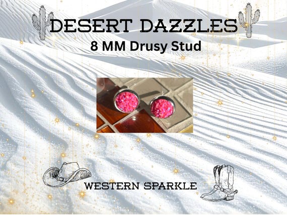 Western Dazzles, 8mm Pink Sparkle Drusy Stud Earrings, Coastal Cowgirl, Summer Nights, Beach Vacation Jewelry, Gifts