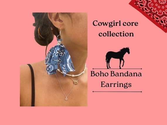 Boho Bandana Earrings, Western Cowgirl Jewelry, Blue Festival Accessory