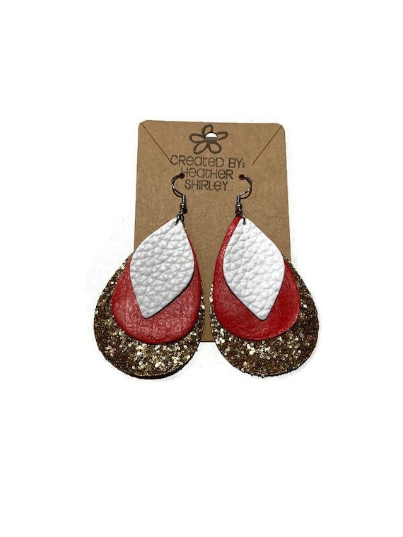 Red, Scarlet, Gold and White Game Day Layered Faux Leather Earrings, Tailgate Parties, Football Earrings, Fall Earrings, Sport Gifts