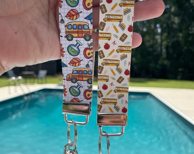 Back to school Keychains, Key fob, School Bus Print, Fall Backpack Accessories, School Themed Key Fob Wristlet, Teacher Gifts, Backpack