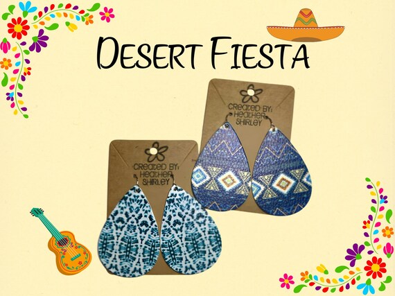 Double Sided Blue Aztec Print Faux Leather Earring, Western Rodeo Jewelry, Blue Turquoise White Brown, Summer Earrings, Back to school, Fall