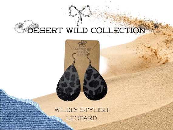 Gray Leopard Print Faux Leather Teardrop Earrings, Glitter Accents, Western Cowgirl, Desert Wild Collection