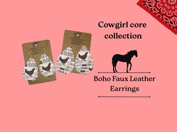 Chicken Faux Leather Earrings, Farm Style Jewelry, Fall Jewelry, Farm Gifts, Vintage Earrings, Chicken Gifts, Chicken Print, Birthday