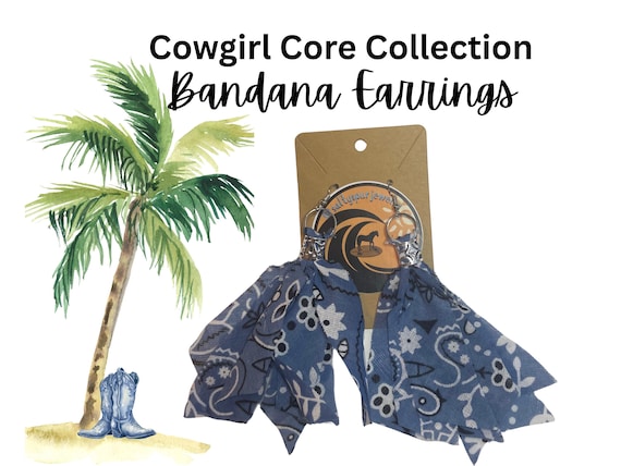 Boho Bandana Earrings, Western Cowgirl Jewelry, Blue Festival Accessory