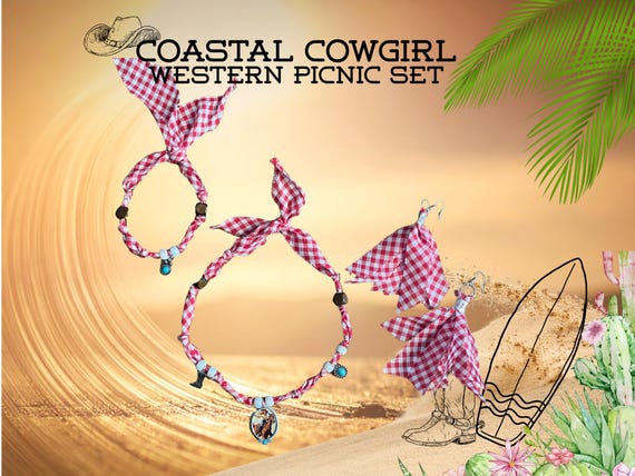 Coastal Cowgirl Bandana Jewelry Set, Western Picnic, Bracelet, Earrings, Necklace