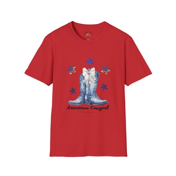 American Cowgirl boots and stars T-Shirt | Patriotic Western tee, Memorial Day, July 4th, Red White Blue, Bows, Summer Events, Concerts,
