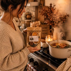 May include: A brown paper pouch containing dried orange slices, cinnamon sticks, and herbs, labeled Cozy Cabin Simmer Pot from the Cozy Woods Collection, held near a white pot on a stove containing a simmering mixture of orange slices and herbs.